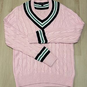 Brooks Brother Supima Cotton Pink V Neck Cable Knit Sweater Size Large Preppy
